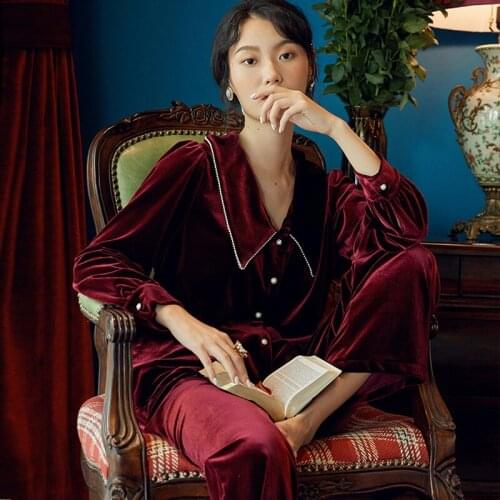 2020 Autumn Winter New Original Gold Velvet Pajamas Set Small Lapel Loose Long Sleeves Women Sleepwear