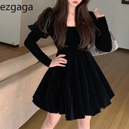 Ezgaga Elegant Dress Women Velvet Puff Sleeve Korean Fashion High Waist Square Collar Solid Pleated Ladies Mini Dress Vestidos