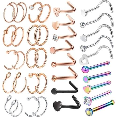 Fake Piercings 2pcs/lot Stainless Steel Crystal Rhinestone Nose Studs Hooks Bar Pin Nose Rings Body Piercing Jewelry For Women