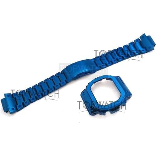DW5600 Blue Stainless Steel Strap Watch Case Accessories DW5000 DW5030 DW5035 Metal Bracelet Outdoor Sports Bezel Watchbands