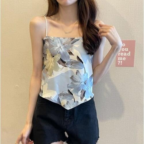 Sexy Silk Scarf Bra Strap Women Tank Tops Summer Chiffon Floral Printing Vest
