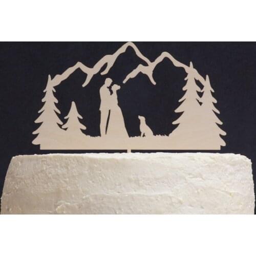 Bride Groom Dog Silhouette Cake Topper, Outdoor Wedding Cake Topper, Mountains Cake Topper, Personalized Cake Topper, Tree Cake