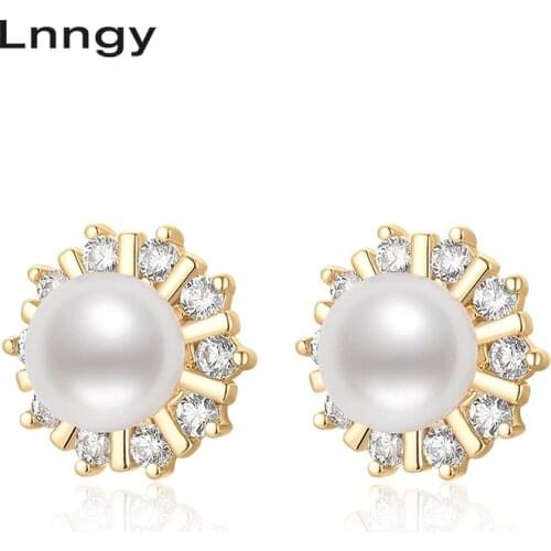 Lnngy 14K Gold Filled Stud Earrings 6-6.5mm Natural Freshwater Pearl Stud Earrings Women Wedding Party Fine Jewelry Earrings