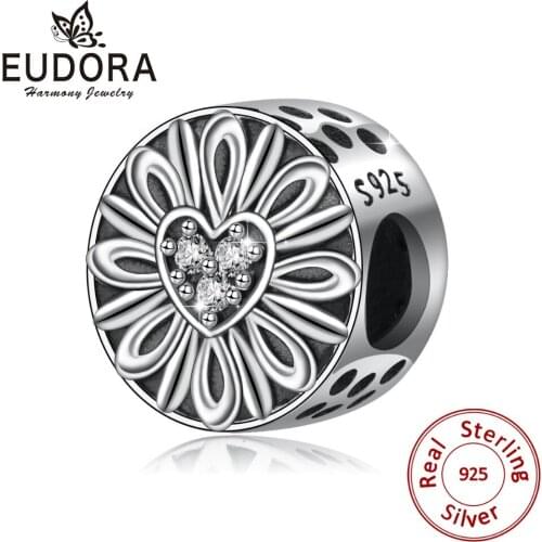 2019 Eudora 925 Sterling Silver Lovely Flower CZ Charms fit Bangles & Bracelets Women Fashion Jewelry Making Unique Beads gift