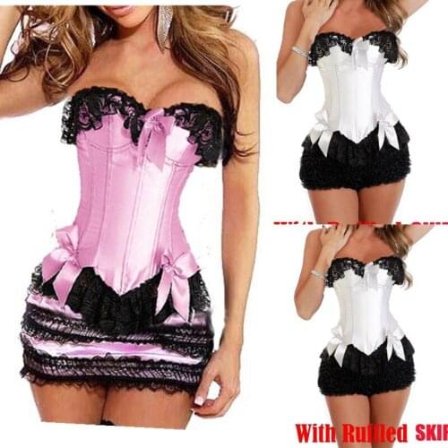 Women corset dress pink bow back lace up gothic bustier overbust corselet top black lace sexy corset with ruffled skirt+G-string
