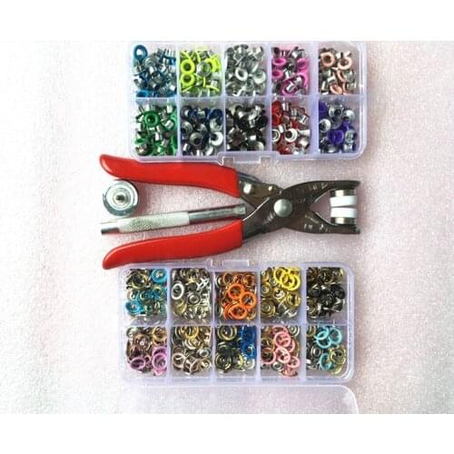 1pc Plier+1set Eyelets Tool+200sets 10 Colors 9.5mm Prong Snap Buttons Fasteners Press Studs Poppers Buckle+200sets 4mm Eyelets