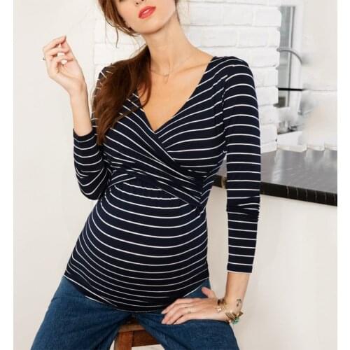 4# Ladies Maternity Tees Pregnant Women Breastfeeding Stripe Long Sleeve Tees Pregnant Tees Striped T-shirt Pregnancy T Shirt