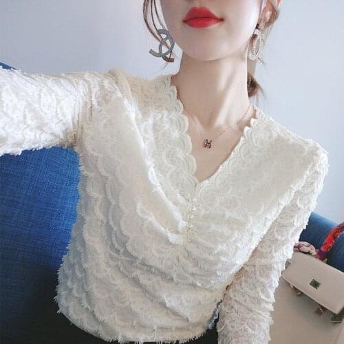 Blouse Women New V-neck Pearl Buckle Lace Shirt Long Sleeve Top Blusas Mujer De Moda