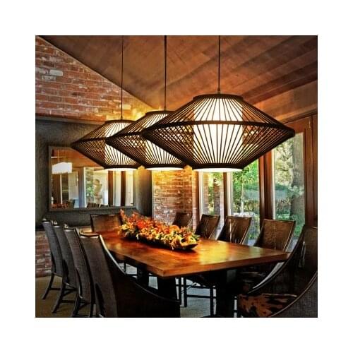 Japanese Tatami Style Wooden Hanging Natural Bamboo Wicker Rattan Lantern Cage Shade Pendant Light Fixture for Bar Dining Room