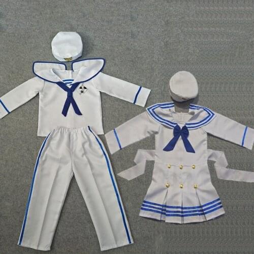 Kids Girl or Boy Baby White Navy Sailor Marine Stripe Costume Party Hat +Tops + Pant