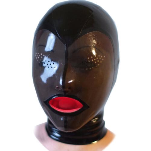 Latex Rubber Hood with Red Teeth Gag Mesh Eyes