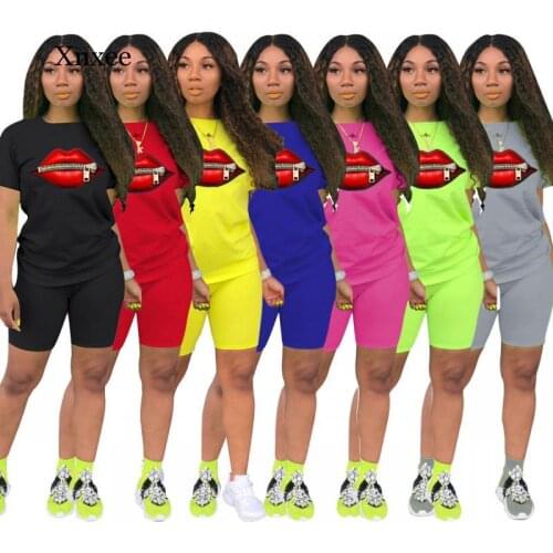 Round Neck Lip Pattern Print T-Shirt Suit Short Sleeve Top Pants Kit Biker Shorts New Style Women Suit Two Piece Set Outfits