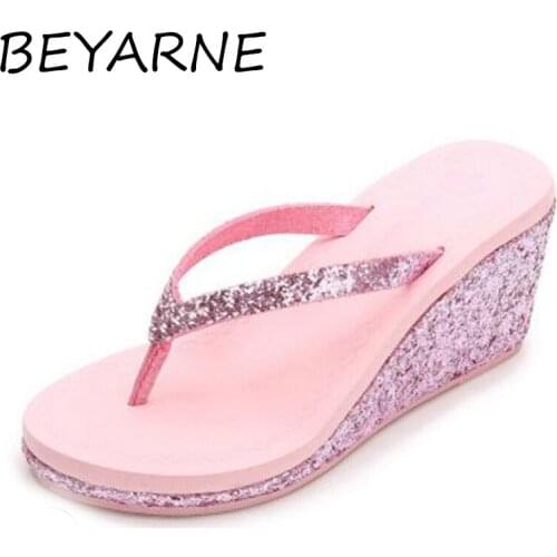 HOVINGE 2020sequins wedge high heel flop flips summer platform slippers for women ladies outdoor beach dress shoes slipper