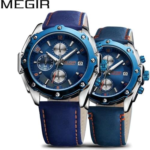 MEGIR Mens Watches Top Brand Luxury Blue Leather Chronograph Lovers Quartz Watch Clock Set Relogio Masculino Erkek Kol Saati