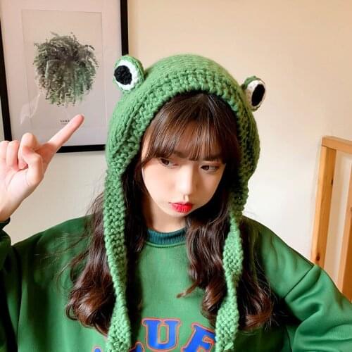 Sweet Cute Knitted Woolen Hat Autumn Winter Fashion Big Eyes Frog Hats for Women Headgear Warm Ear Women Caps