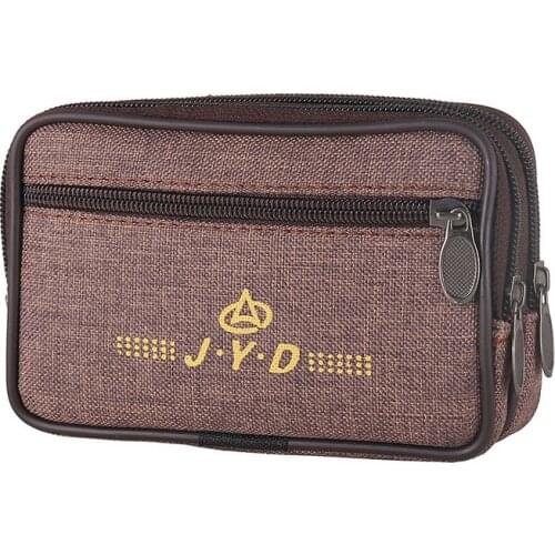 3 Zippers Men Fanny Pack Mobile Phone Bag Black Coffee Canvas Fabric Coin Purse Pocket Bags Waist Packs Sport Running Man Purses