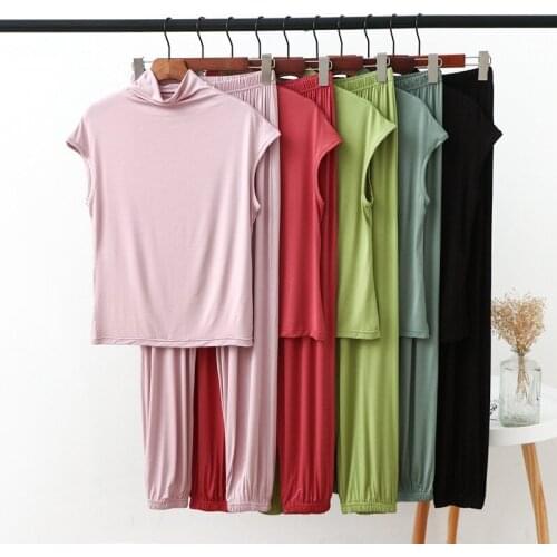 New 2PCS Womens Home Clothes Modal Pajamas Suit Elegant Homewear Set Short Sleeve Turtleneck Top + Pant Female Casual Sleepwear