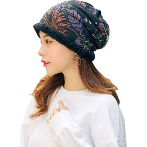New Women Beanies Skullies Lady Fashion High Quality Hip Hop Floral Winter Cap Scarf Adult Polyester Autumn Hat Headdress