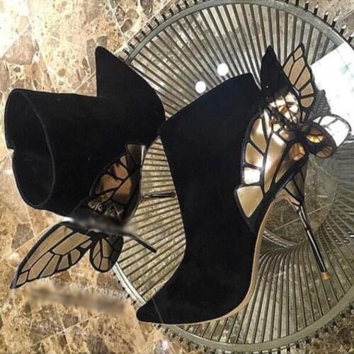 Sexy Butterfly Wing Ankle Boot Metallic Leather Gold-tone Stiletto Heels Pointed Tor Short Boot Celebrate Dress Shoes