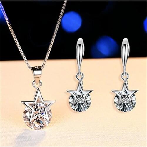Promotion Crystal Star Pendant Necklace Earrings Set For Women Jewelry Bright Silver 925 Girl Earring Female Clavicle Choker