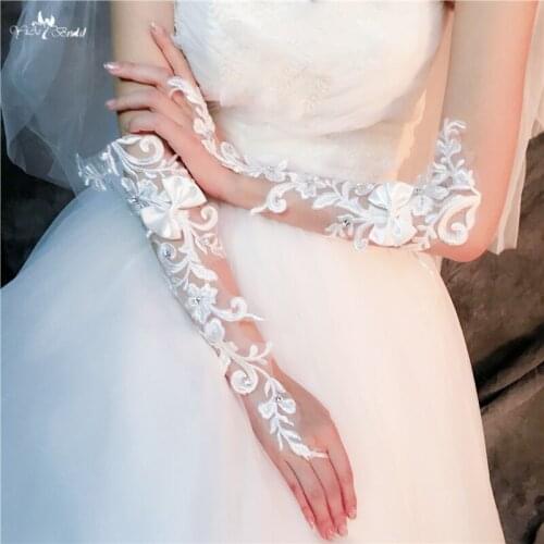 RSG2 Lace Applique Beaded Bowknot Long Bridal Gloves Fingerless