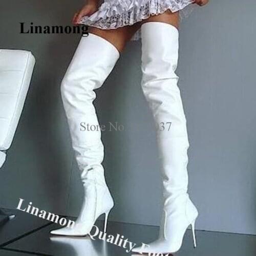Linamong Women Sexy Pointed Toe Suede Leather Stiletto Heel Over Knee Boots Slim White Pink Thigh High Long High Heel Boots