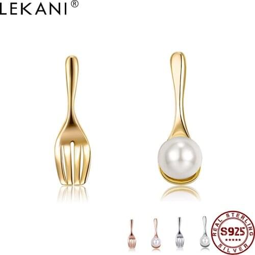 LEKANI 925 Sterling Silver For Women Fork & Spoon Asymmetry Shell Pearl Earrings Gold Color Tiny Stud Earring Fine Jewelry