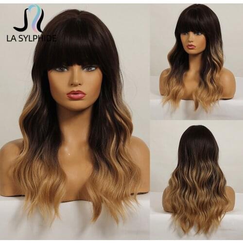 La Sylphide Synthetic Wig Long Curly Root Black Ombre Brown Blonde Wigs with Bangs for White Black Woman Daily Party Use Wig