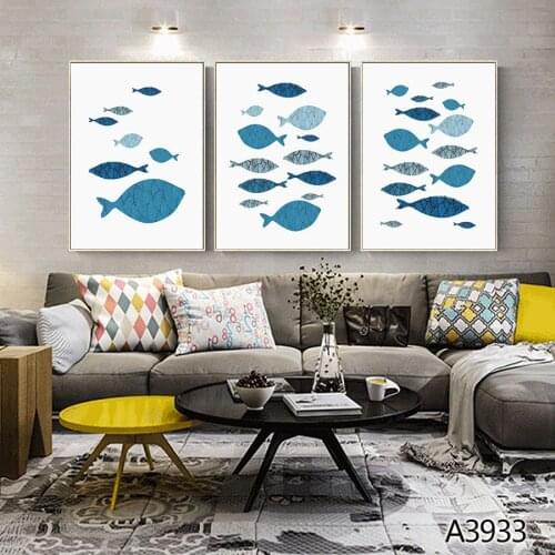 Modern Oil Painting Print on Canvas 3pcs Color Cartoon Animal Fish Modular Canvas Printing Wall Art Picture for Home Decor