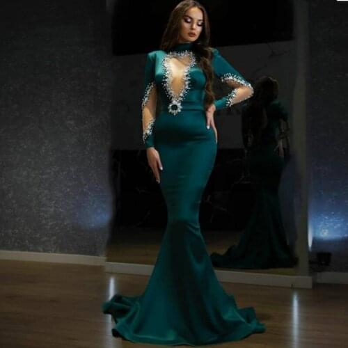 Dark Green See Through Mermaid Evening Gowns High Neck Beaded Long Sleeves Prom Dresses Saudi Arabia Robe De Soiree Vestidos