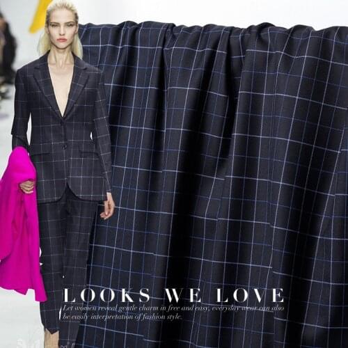 The cloth Navy Blue Plaid Yarn Dyed Worsted Wool Materials Autumn suits pants Jacket DIY clothes fabrics Freeshipping