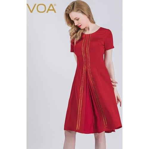 VOA 36m/m Heavy Crepe Chinese Red Round Neck Short Sleeve Bright Yellow Arch Needle Craft Jacquard Swing Dress A10915