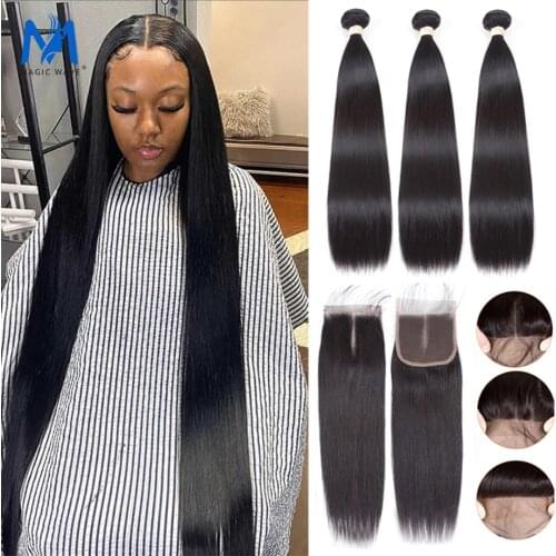 Magic Wave Silk Straight 100% Human Hair Bundles With Closure Brazilian Double Weave Virgin Remy Hair HD Transparent Swiss Lace