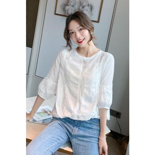 Summer Women Korean Fashion Slim Sexy White Half sleeve O-Neck Casual Chiffon Shirts Office Lady Lace Cutout Pullover Blouses