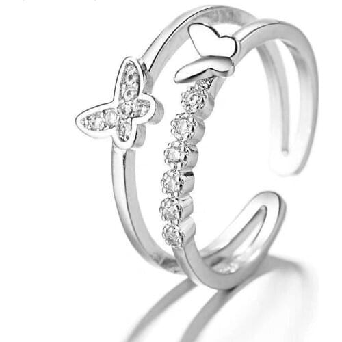 VENTFILLE 925 Sterling Silver Double Layer Shiny Cute Butterfly Female Resizable Opening Rings Party Jewelry