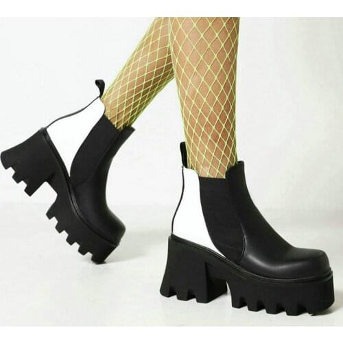 Platform Square High Heel Women Ankle Boots Zebra Print PU Leather Ladies Motorcycle Boots Short Plush Fall Winter Women Boots