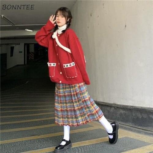 Sets Women Kawaii Spring Korean Style Students Floral Pocket Tops Sweet Skirts All-match Full Sleeve Mujer De Moda Harajuku Kpop
