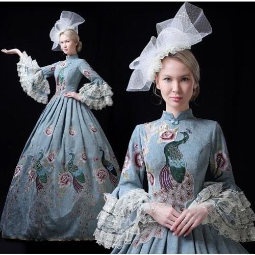 2020 Customized European Style Court Clothes Retro Lady Party Dress Long Flare Sleeve Embroidery Ball Gowns Theater Costumes
