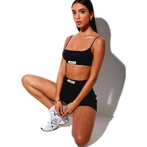 Women Cropped Camisole Top and Biker Shorts Tracksuit Fitness Gym Outfits New Sexy Letter Label Rib Knitted Skinny Two Piece Set