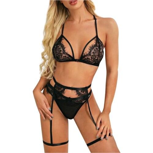 Women Sexy lingerie 3-piece set Black Solid Lace Hollow Out Hot Exotic Sets