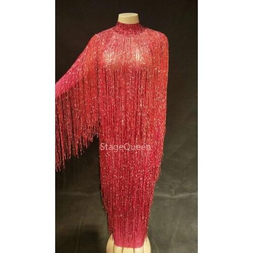 9 Colors Women Sexy Stage Net Yarn Dress Full Of Sparkle Tassel Nightclub Party Stage Wear Dancer Bling Dance Costumes