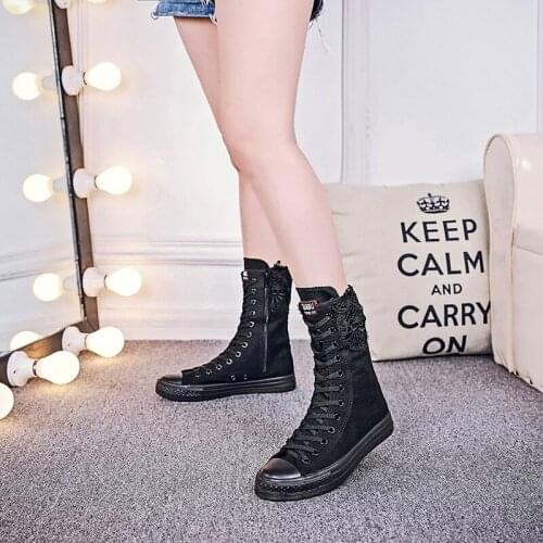 Big Size 34-43 Women Lace-up Canvas Mid Calf Boots Thick Flat Heel Womens Casual Shoes High-top lace boots flats canvas MA-67