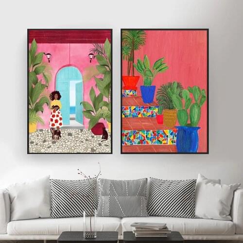 Botanical Cactus Stairs Wall Art Canvas Painting Color Abstract Plants Girl Nordic Posters and Prints Picture Modern Home Decor