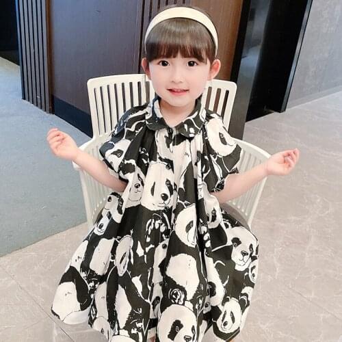 LISUNNY 2021 Summer Girls Dress Casual Style Children Cartoon Panda Dress Comfortable Printed Dress Kids Vacation Clothing