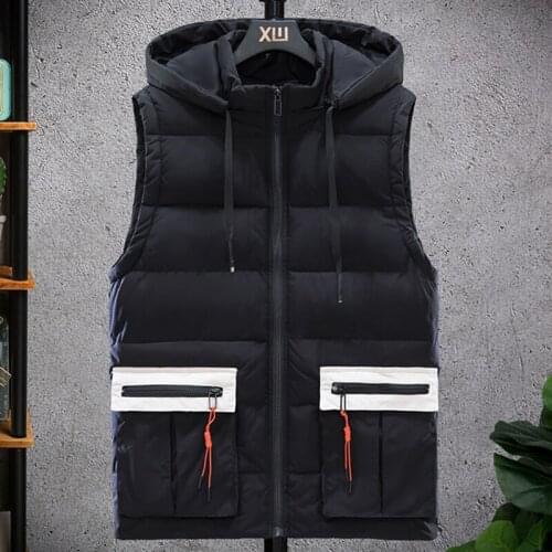2020 Winter Vest Men Casual Winter Waterproof Warm Hooded Big Pockets Sleeveless Coat Hat Detachable Contrast colour Plus Size