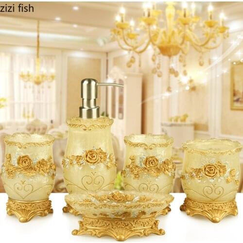 European Resin Household Bathroom Set Soap Dispenser Tooth Brush Holder Cup Soap Dish Tray Toilet Brush Wastebin Storage Set