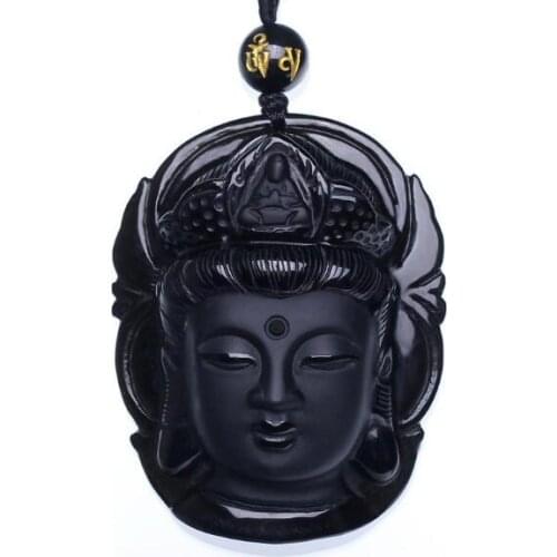 Natural Black Obsidian Pendant Avalokiteshvara Buddha Guanyin Head Amulets And Talismans Scrub Pendant With Bead Necklace