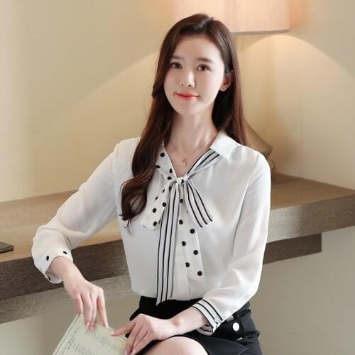 Autumn Ladies Shirts V-neck Chiffon Shirt Blouses Bow Polka Dot Shirt Womens Tops and Blouses Blusas 2020
