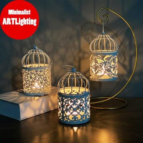Nordic style Iron Candlestick Lantern Retro Hanging Hollow Bird Cage Candle Holder Best Gift Eid Mubarak Home Wedding Party Deco