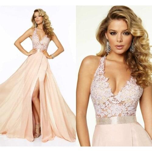 Light Pink Halter Neck Sleeveless Sexy Backless Formal party Elegant Chiffon Long Lace Income Prom gown 2018 bridesmaid dresses